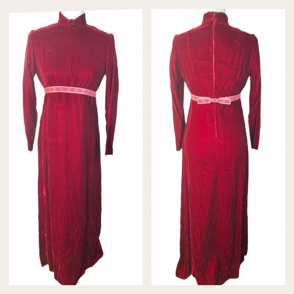 Vintage 1970s Red Velvet LS Empire Waist Maxi Dress Embroidered Waistband